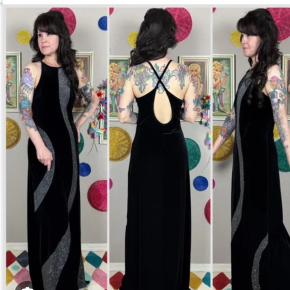 Vintage black stretch velvet silver glitter halter dress, size 3/4 - Picture 1 of 8